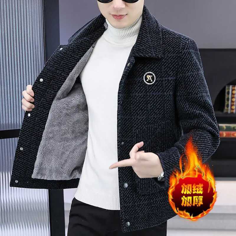 Winter Add Velvet Woolen Jackets Mens Classic Striped Jacquard Casual Trench Coat Thick Warm Overcoat Streetwear Men Clothing M251208