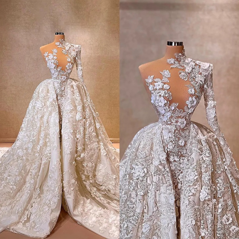 Classic Mermaid Bridal Gowns 3D-Floral Appliques Wedding Dress with Overskirts One Shoulder Lace Illusion vestidos de novia 1208