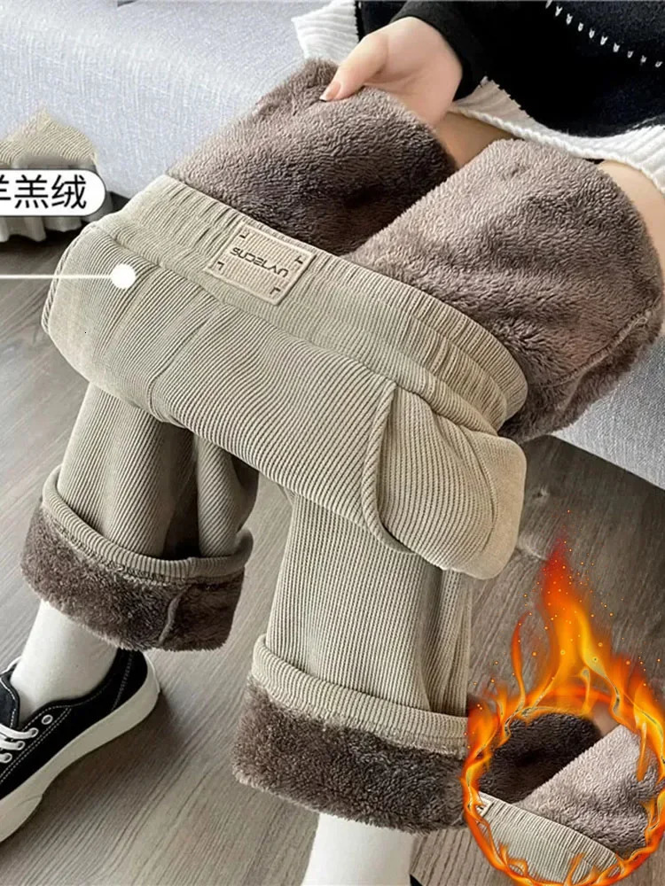 Winter Warm Thicken Lambswool Straight Pant Casual Elastic High Waist Fleece lined Wide Leg Pantalones Chic Baggy Calca 251129