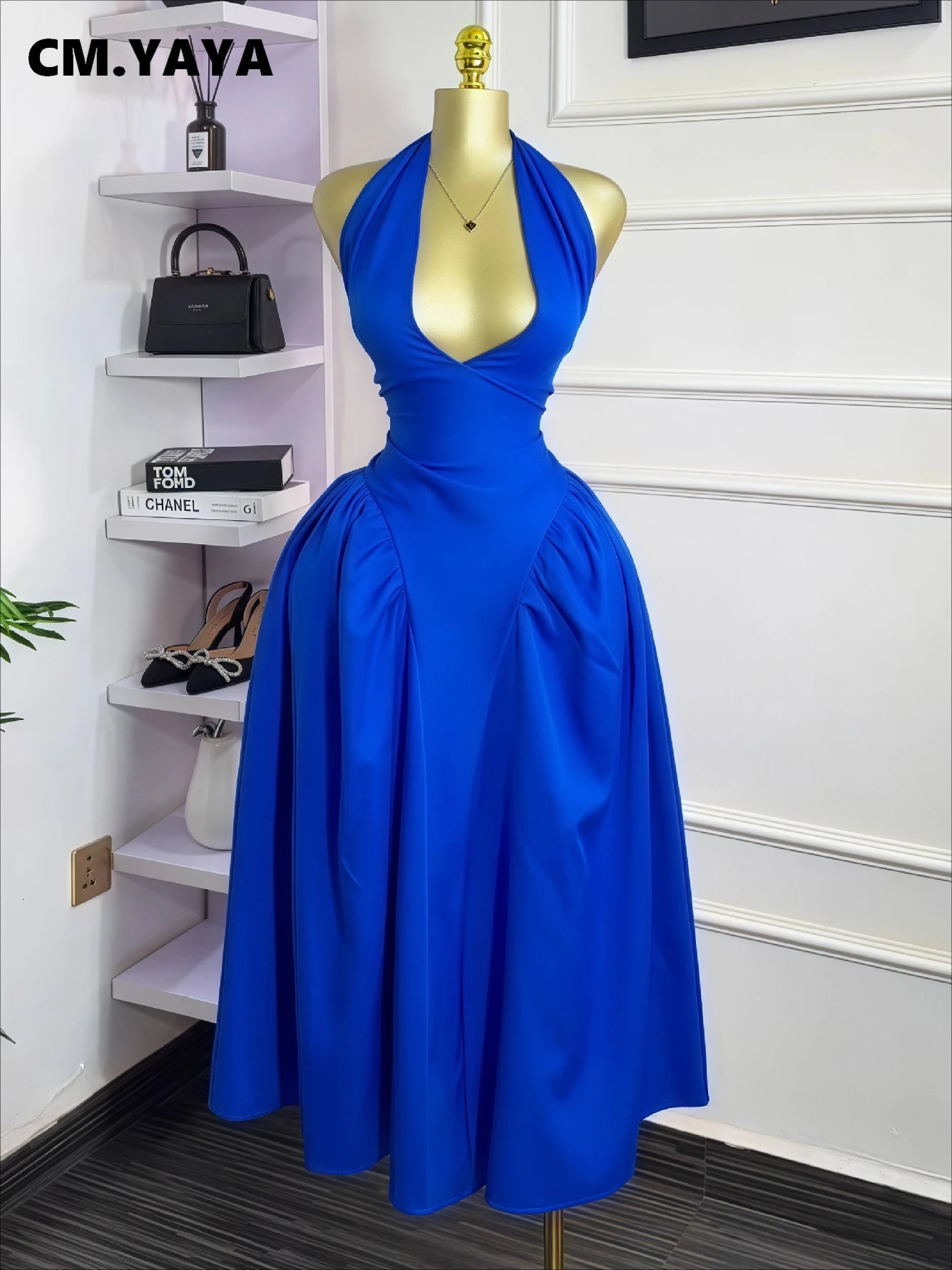 CMYAYA Women Halter V-neck Backless Sleeveless Big Swing Bodycon Mid Maxi Long Dress 2025 Vacation Sexy Party Evening Dresses 251201