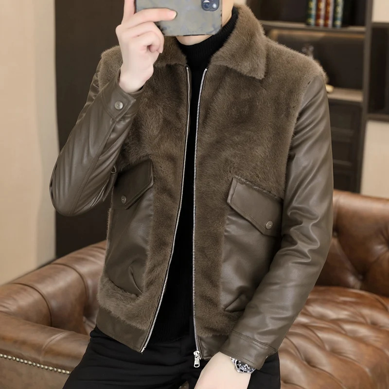 Autumn Winter Leather Fur Integrated Jackets Men Korean Casual Business Overcoat Thickened Warm Faux Fur Social Windproof Coats 251203