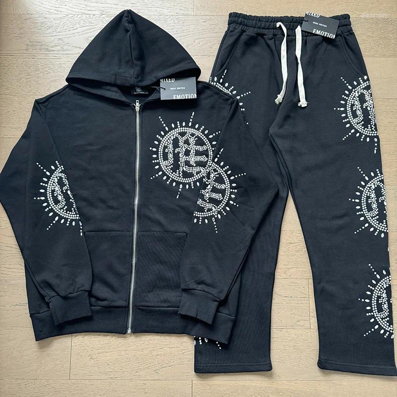 Men's Tracksuits Mixed Emotion Loose Casual Hoodie Cardigan Long Pants Set Rhinestone High Street Sle Youth Autumn Faion Sweatirt