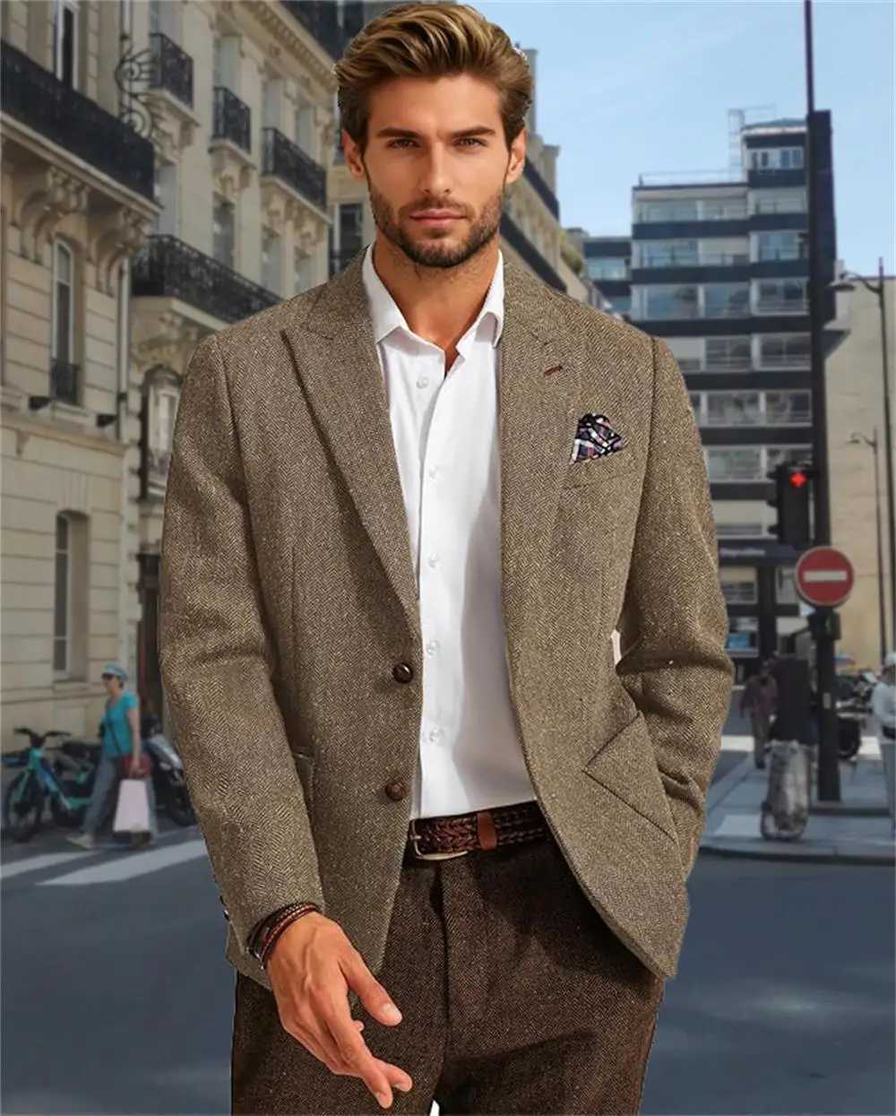 Italian Herringbone woolen suit jacket Business short slim fit Blazers Fashion new short coat Mens suits jackets banquet M251208