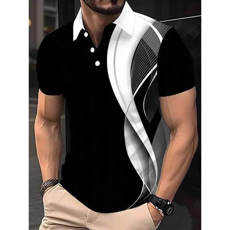 Mens short-sleeved lapel button polo shirt fashionable gradient stripe printed mens summer casual polo shirt W251208