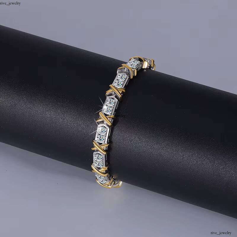925 Sterling Silver 18k Gold Plated Geometric Cross Pattern 3mm Round VVS Moissanite Women's Tennis Bracelet