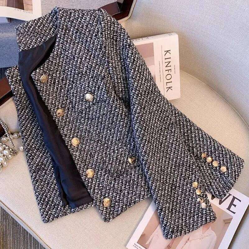 New DesignCropped Tweed Jacket For Women New Autumn Winter Korean Single Breasted Coat Ladies Luxury Chic Pocket Woolen Outwear