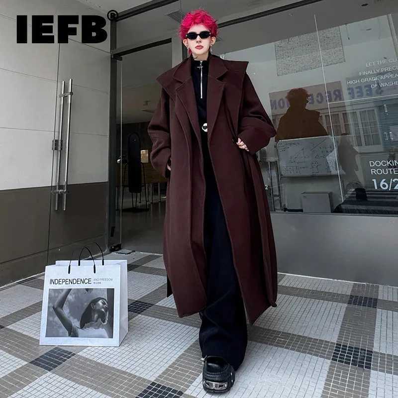 IEFB Korean Style Mens Woolen Overcoats Belt Design Single Button Solid Color Casual Menswear Overknee Loose Male Coats 9X1662 M251208