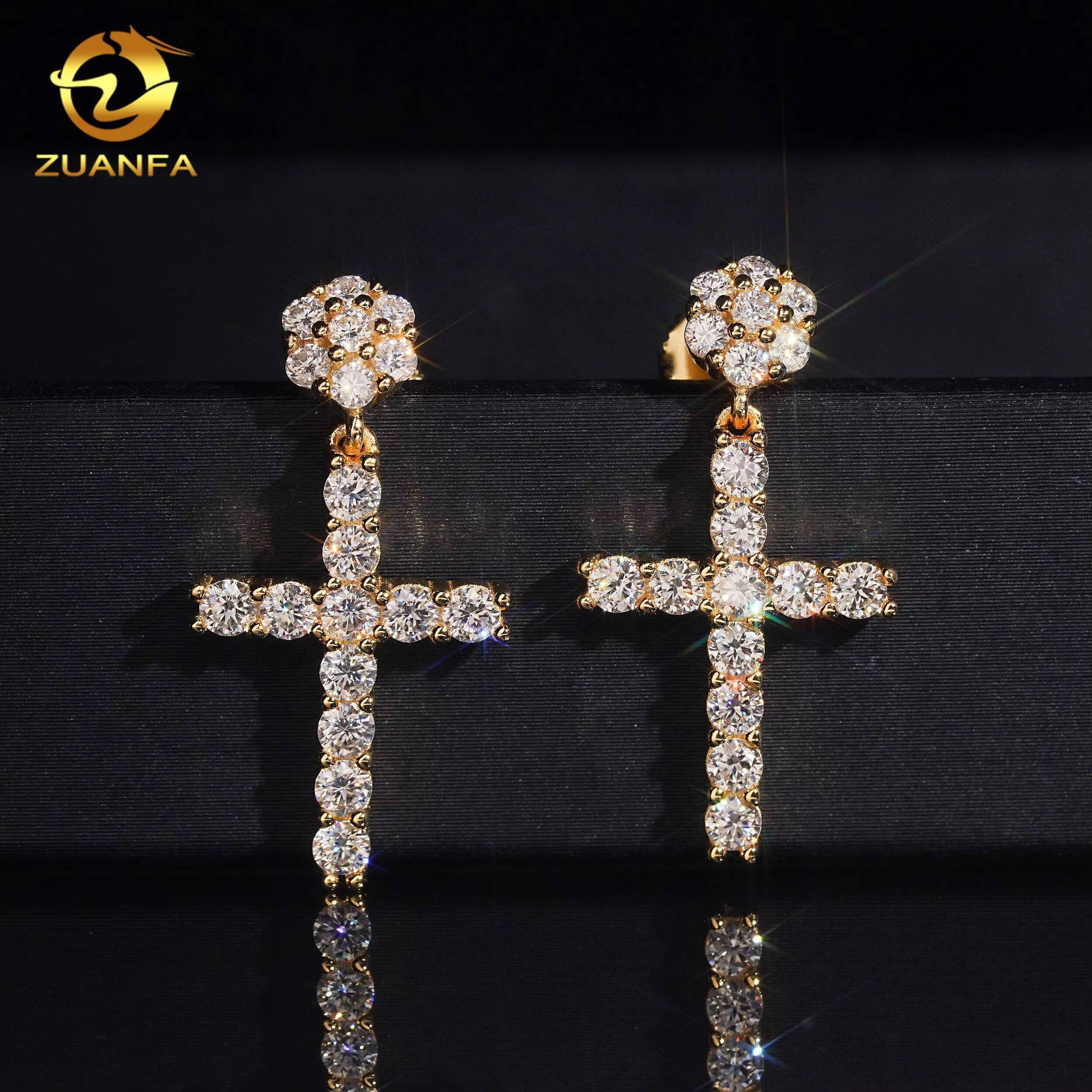 925 Silver Cross Drop Stud Earrings Gold Plated Pass Diamond Test Moissanite Iced Out Hip Hop Screw Back Stud Earring
