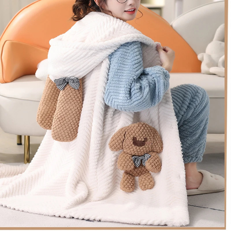 Thickened Warm Winter Flannel Ladies Pajamas Robe Top and Pants Padded Nightwear Cartoon Bear Womens Sleepwear Long Bathrobe 251129