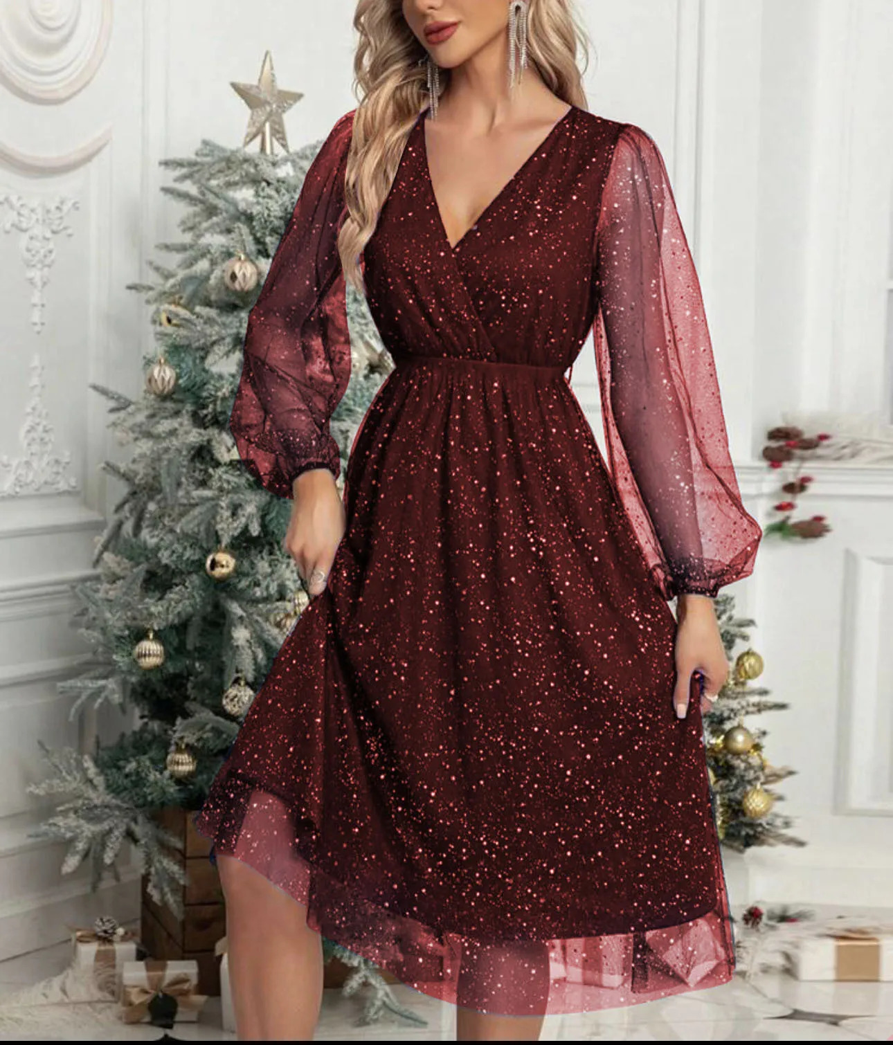 V-neck elegant slim fit solid color patchwork mesh perspective powder spray dress for women 251201