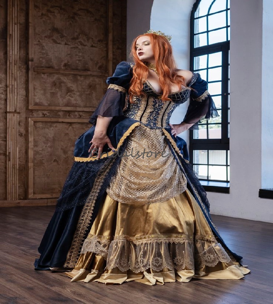 Fantasia abiti da sera blu scuro e oro 2026 pizzo retrò medievale elfico pirata rinascimentale abito da ballo costume pizzo festa di Halloween Robe