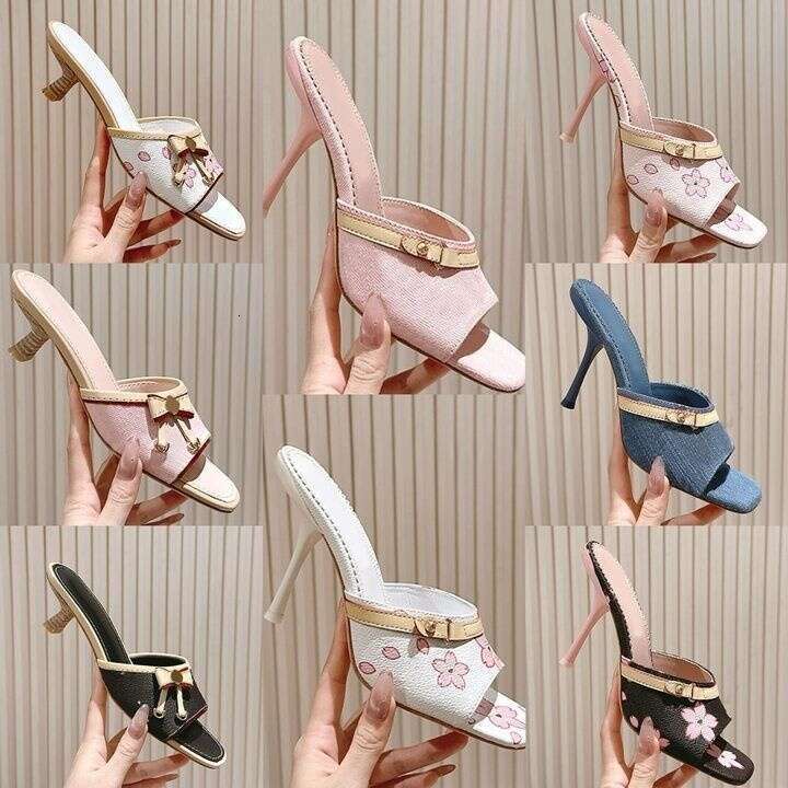 Top Qualité Talon Denim Pantoufles Jacquard Weave Slides Mule Sandales Talons Sans Lacet Talon Aiguille Bout Ouvert En Cuir Femmes De Luxe Design