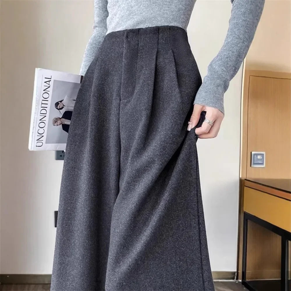 Plus Size Thick Warm Woolen Wide Leg Casual Pants Womens Autumn Winter Slim Straight Long Trousers Comfortable Loose Fit 251204