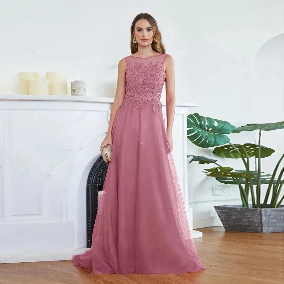 Elegant A Line Soft Tulle Maxi Evening Dresses With Appliques Lace Long Formal Party Prom Gowns Robe De Soiree CPS383
