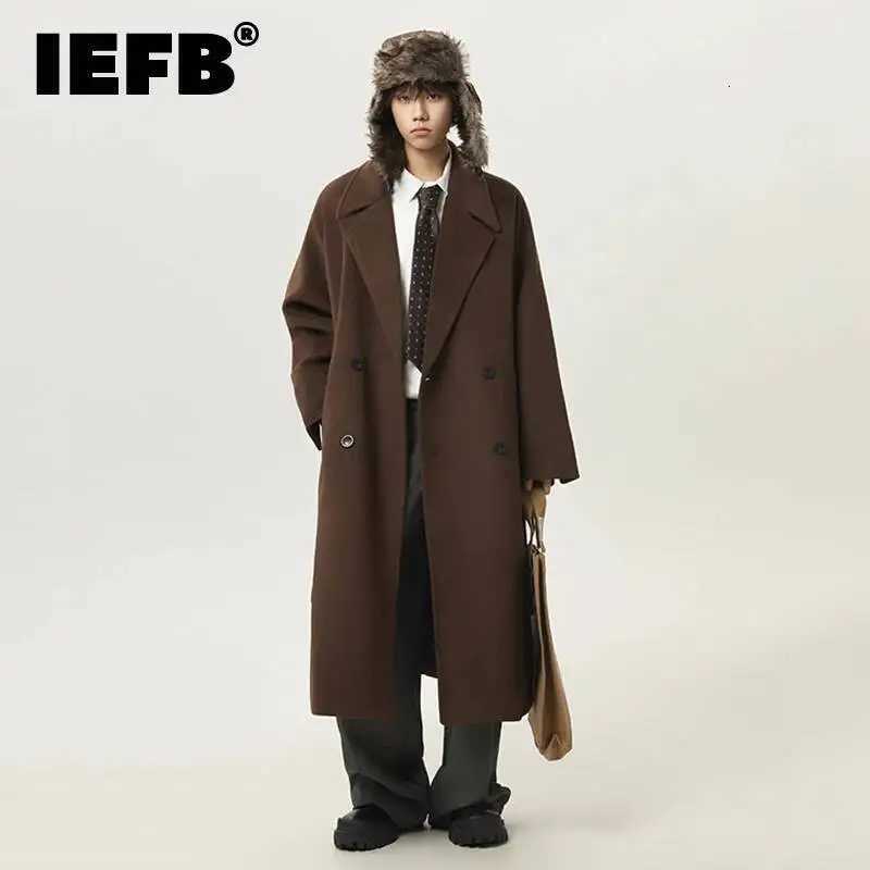 IEFB Korean Style Mens Woolen Coats Lapel Thickened Lace Up All-match Double Breasted Loose Male Woolen Overcoats 9X1514 M251208