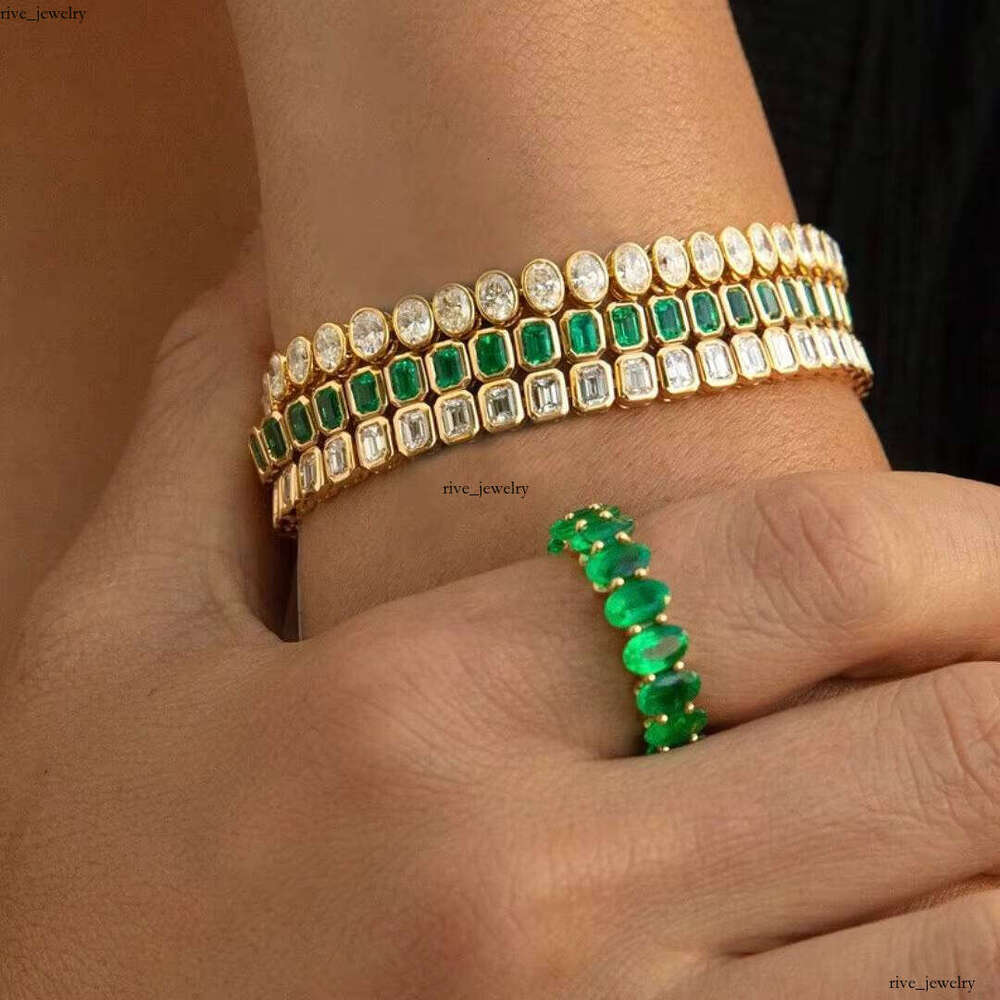 New Fashion Gold-Plated Round Cut Green Square VVS Moissanite Tennis Chain Bracelet Women's Jewelry