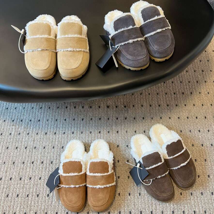 new Suede warm furry Fur Fluffy Slippers Flat Shearling Scuffs sandals Mules Wool Shoes Walking Vacation Winter Designer shoe woman Luxury mule clog