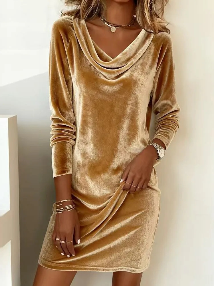 Casual Dress Autumn Winter Fashion Womens Solid Color Swing Collar Long-sleeved Sexy Velvet Dress Holiday Party Dress 251204