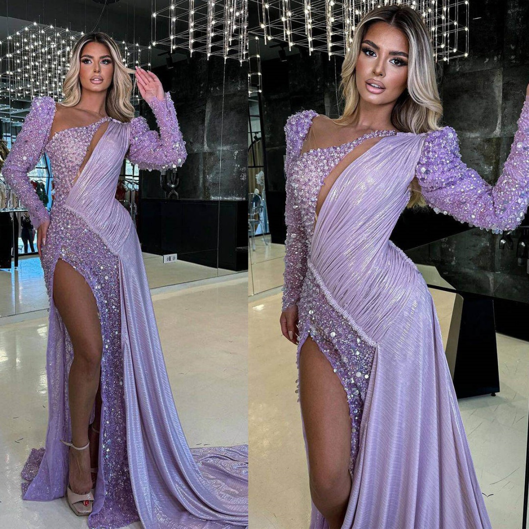 Sparkly Sequins Mermaid Prom Gowns Jewel Long Sleeve Evening Dresses Side Slit Special Occasion Party Customized