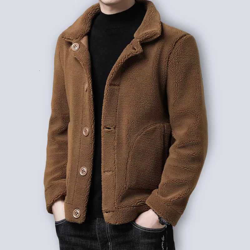 2025 Winter New Faux Fur Woolen Coat Men Turn Down Collar Button Black Brown Casual Jacket Outwear Thickening Plus Size Overcoat M251208