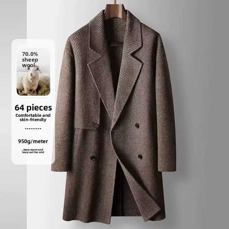 2025 Autumn/Winter New Mens Woolen Coat Shoulder Down Wide Medium to Long Double breasted Thickened and Warm Trench coat M251208