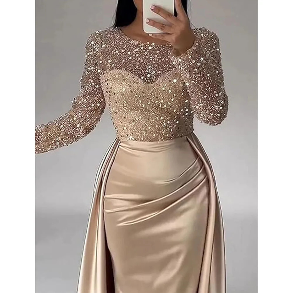 Womens ious Sequins Evening Dress Round Neck Ruched Tiered Bodycon Maxi For Female Prom Wedding Host Elegant Dresses 251128