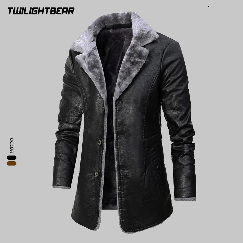 Winter Mens Leather Jacket Oversized Fur Long Coats High Quality PU Leather Thicken Fleece Casual Jacket Men Clothing A2F80818 251203