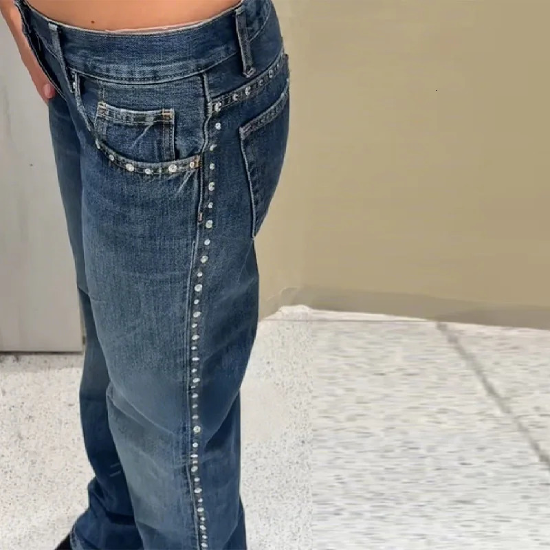 Mid Waist Womens Jeans Fashion Side Diamond Decoration Denim Pants Pockets Trousers 2025 Autumn Retro Lady Y2K Long Pants 251129