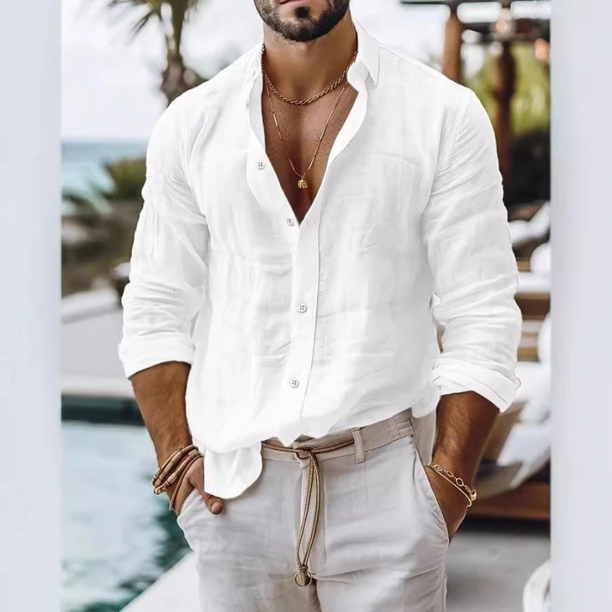 Mens Solid Color Cotton Linen Blend Breathable Sweat Absorbing Easy to Maintain Long Sleeved Shirt Business Casual Slim Fit251205