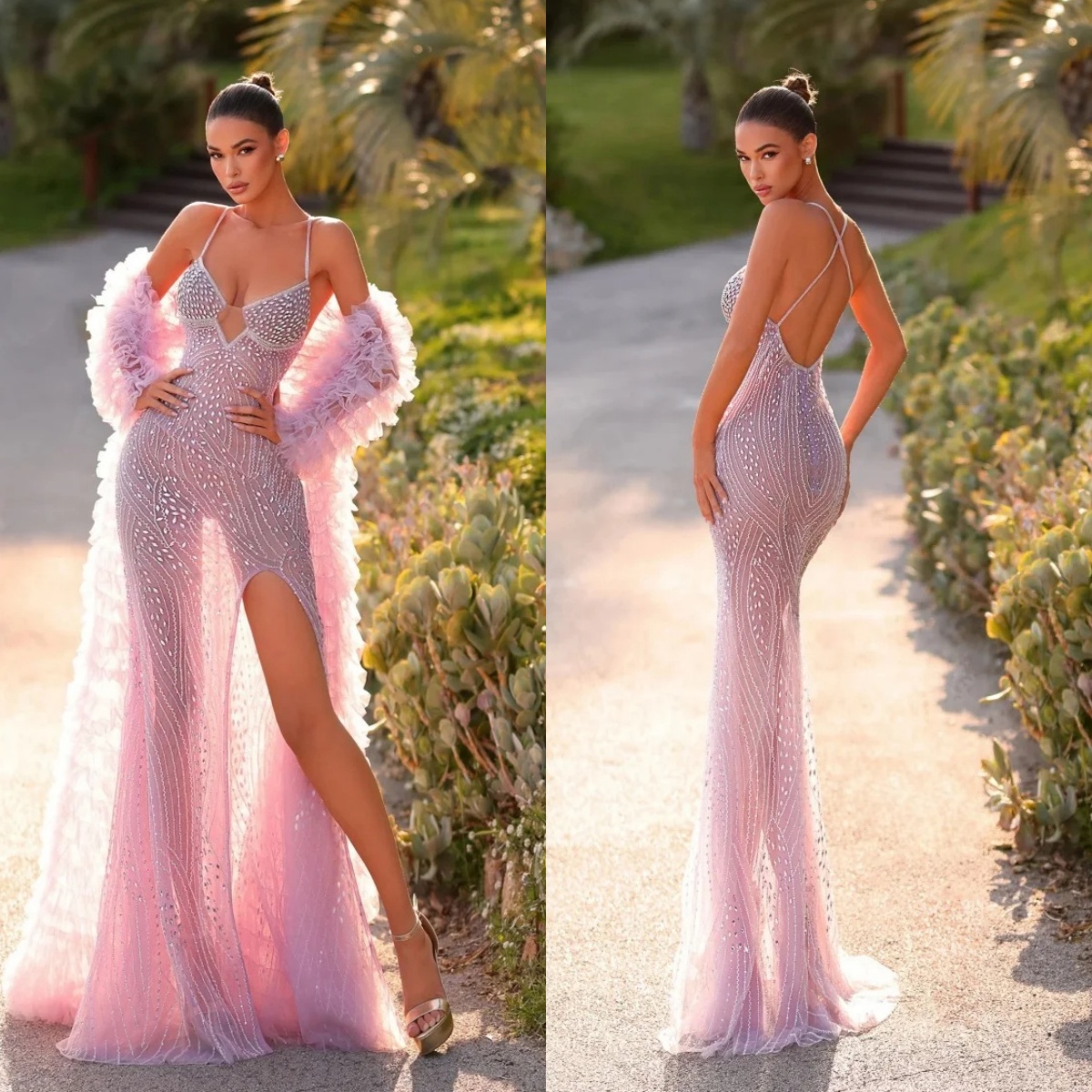 Iluusion Abiti da sera con spalline sottili Abito da ballo a sirena senza schienale in pizzo con perline Abito da festa personalizzato con spacco la