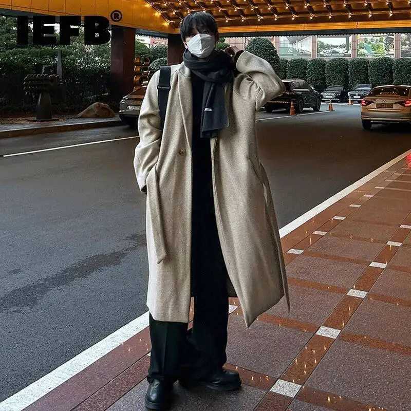 IEFB Korean Style Mens Woolen Coats Belt Decoration Solid Color Lapel Single Button Loose Male Mid-length Coat Winter 9X1066 M251208