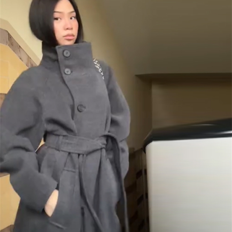 Womens Elegant Long Woolen Coat Chic Casual Stand Collar Lace-up High Quality Overcoat 2025 Winter Daily Commuting Outerwear251205