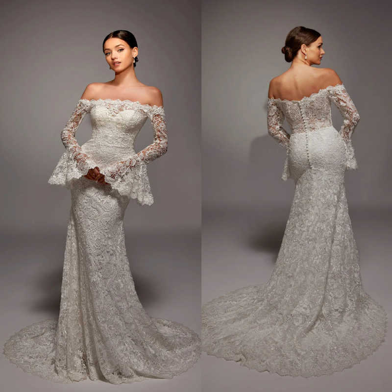 Customized Wedding Dresses Mermaid Lace For Bride Elegant Long Sleeves Off The Shoulder Plus Sizes Vestidos De Novias