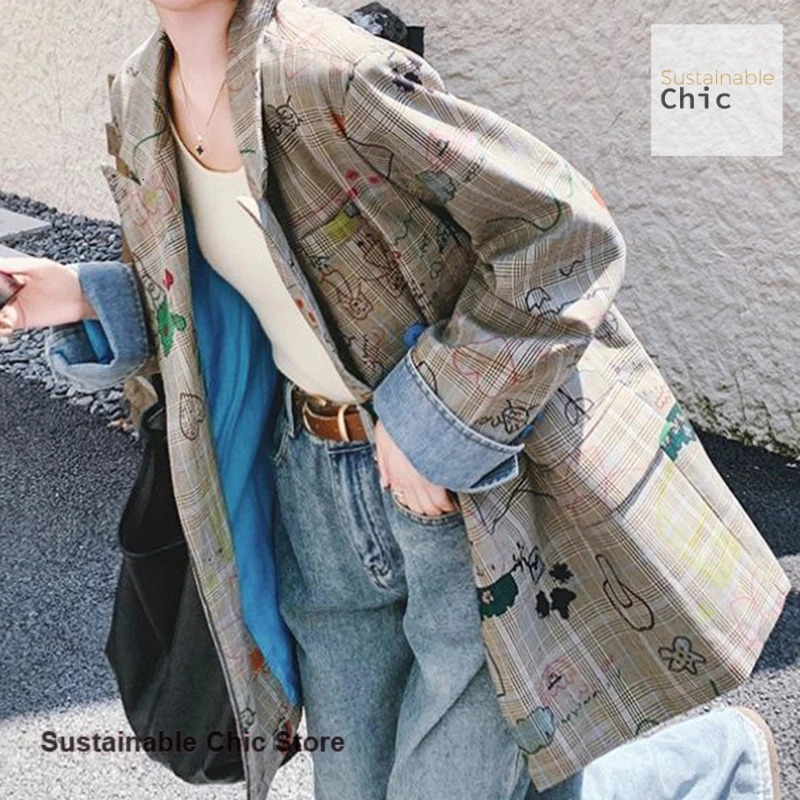 Korean style graffiti plaid print suit womens spring and autumn fashion sense relaxed retro casual Joker wear a coat 251201