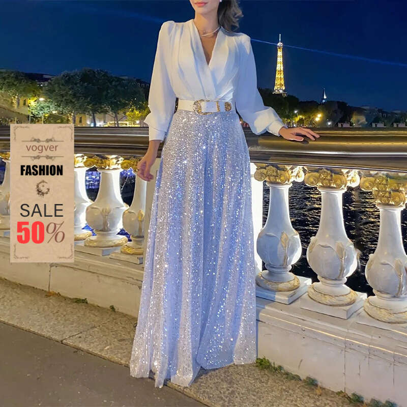 Abito da sera per donna Designer Lusso Acquisto rapido Moda Nuovo stile Camicia a maniche lunghe con scollo a V Vita elegante Pantaloni larghi con p