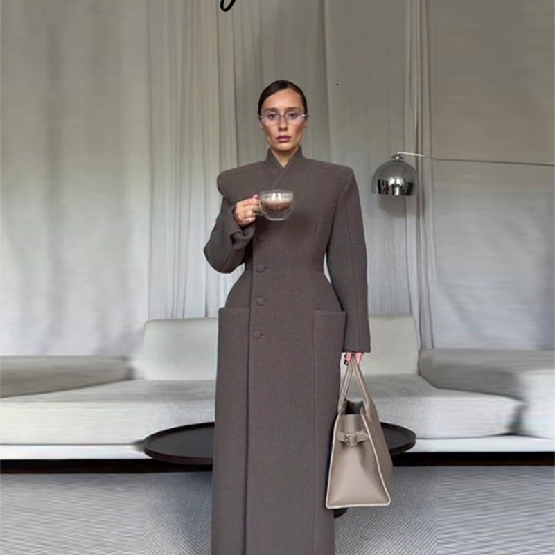 Solid Womens Long Coat V-Neck Single-Breasted Waist-Closed Full Sleeve Female Jacket 2025 Autumn Winter Lady Streetwear 251205
