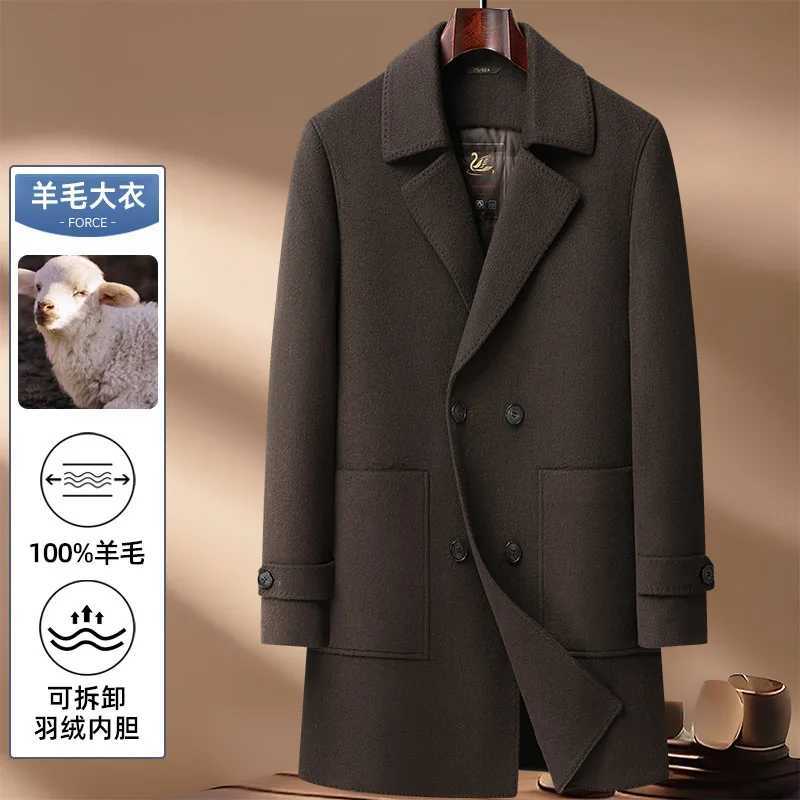 2025 Autumn/Winter New Mens 100 Wool Coat Double breasted Mid length Down Inner Tank Thickened Warm Business Windbreaker Coat M251208