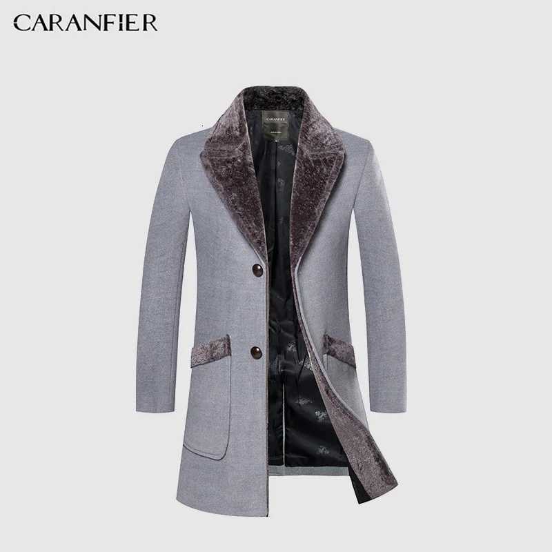 CARANFIER New Arrival Winter Mens Long Woolen Coat Fur Collar Warm Wool Coats Male Solid Color Slim Casual Windbreaker Jacket M251208