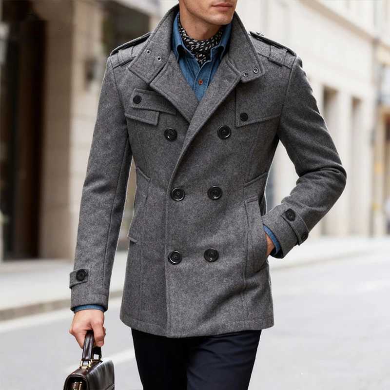 Mens Double-breasted Woolen Overcoat Fashion Solid Color Mid-length Jacket Light Business Stand Collar Trench Coat M-3XL M251208