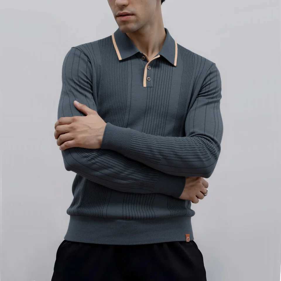 2025 Button Down Polo Shirt Men Solid Color Stripe Long Sleeve Fall Winter Luxury Warm Touch Business Casual Mens Polo Shirts W251208