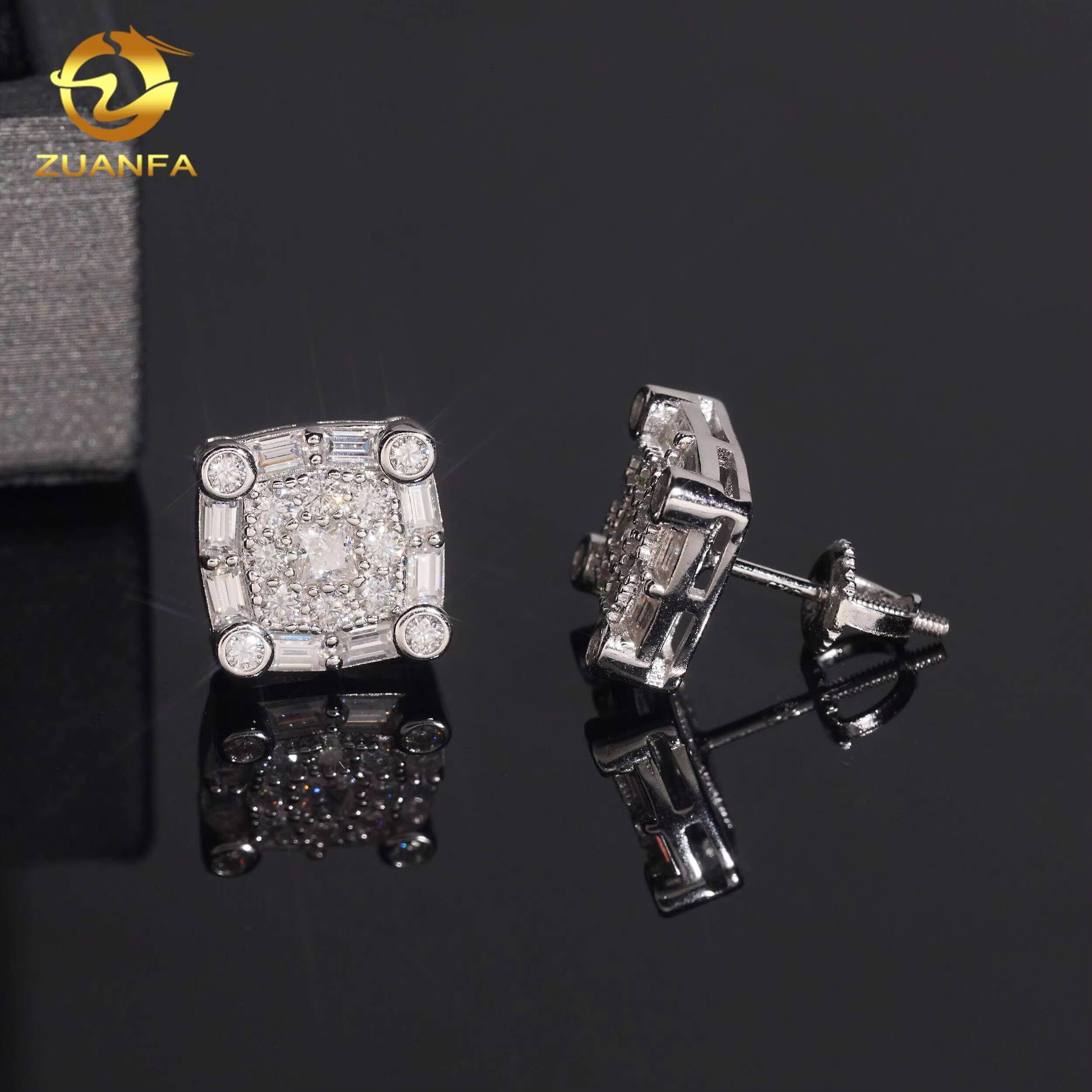 Baguette Princess Cut Diamond Square Design 10mm 925 Silver Ear Studs Hip Hop Jewelry Iced Out VVS D Moissanite Stud Earrings
