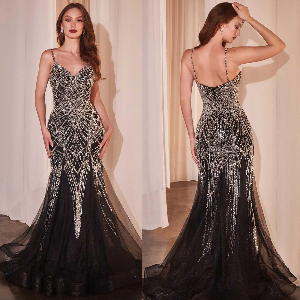 Modern Evening Dresses Sequins Prom Gown Spaghetti Straps Backless Beading Mermaid Sleeveless Princess Customized Vestidos De Noche Plus Size