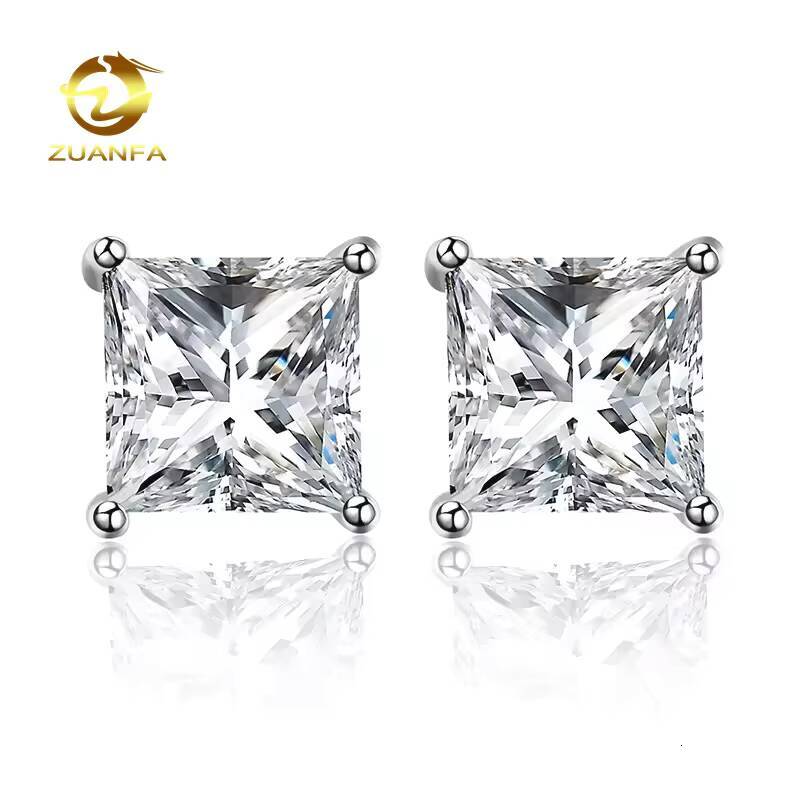 Zuanfa Wholesale Classical 4 Prongs VVS Princess Diamond 925 Sterling Silver Jewelry Screw Back Moissanite Stud Earrings