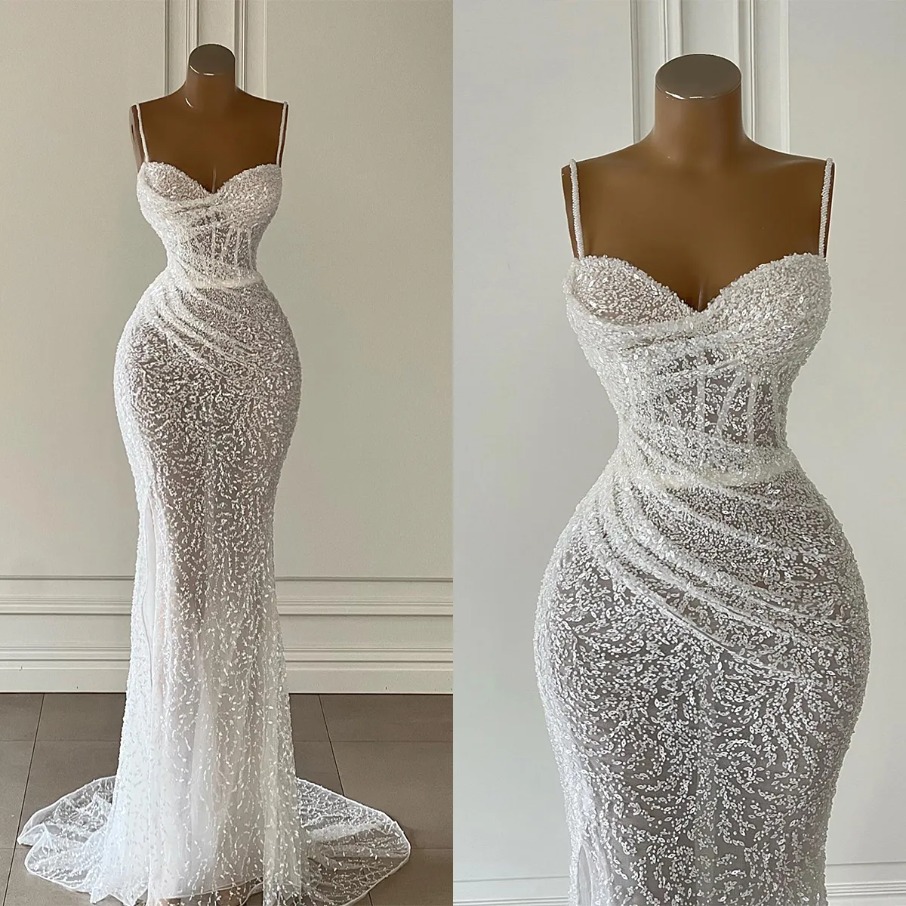 See Through Mermaid Wedding Dresses Spaghetti Straps Bridal Gowns Sequined Beading Illusion Sweep Train vestidos de novia 1208
