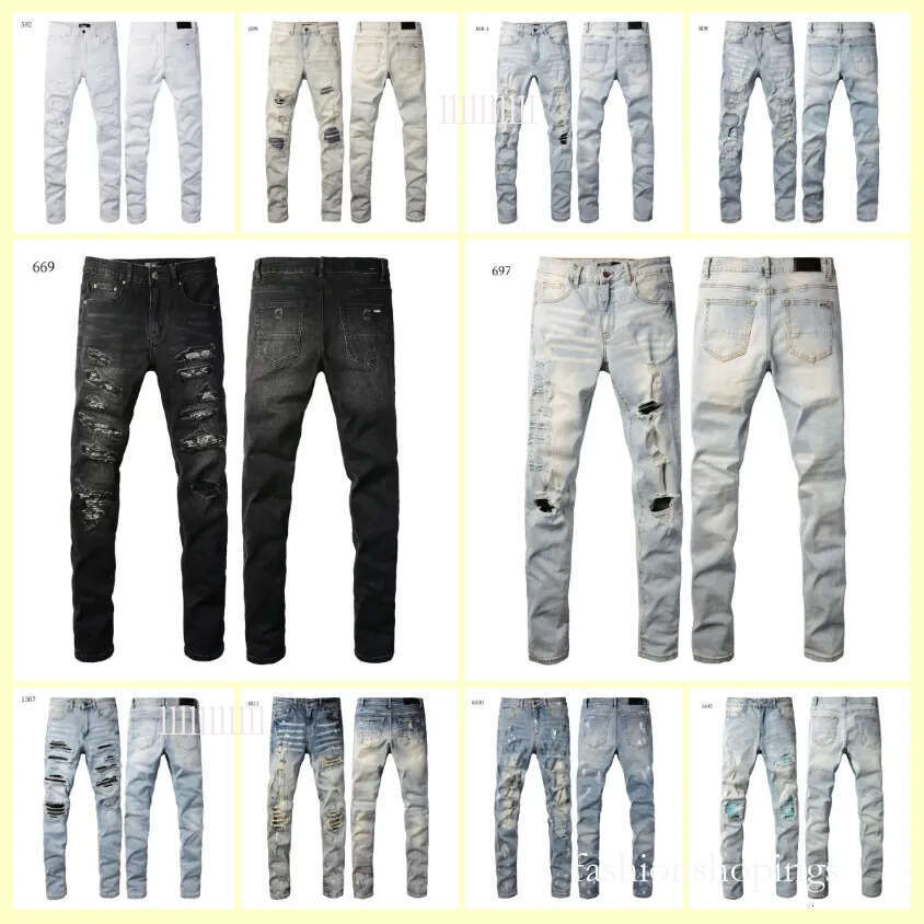 Designers Amirirjeans Distressed Fashion Men's Biker Hole Stretch Purples Denim Jean Casual Jean Men Skinny Pants Elasticit Trousers 373 684