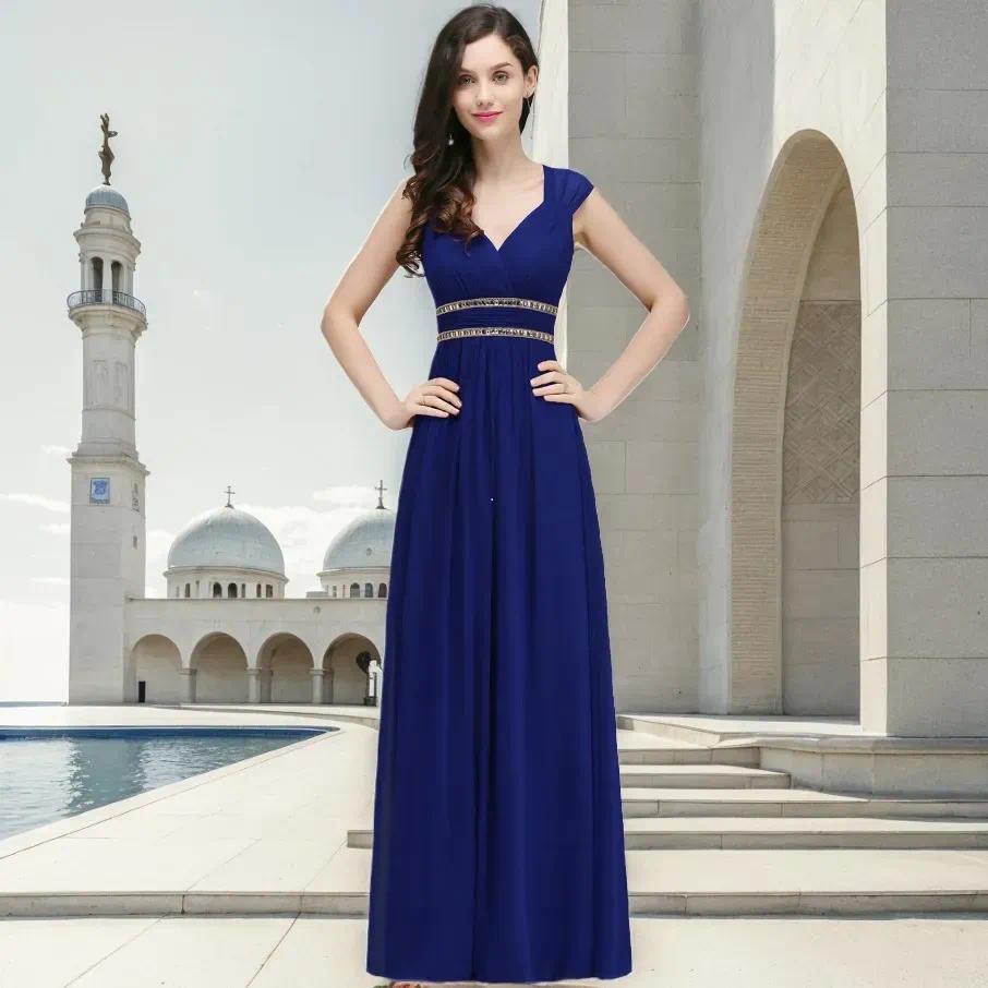 Ladies V Neck Pleated Evening Dresses A-line Long Chiffon Crystal Beaded Open Back Elegant Formal Guest Party Gowns CPS725
