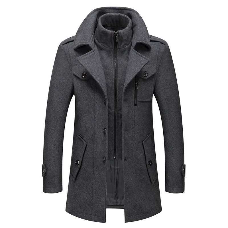 New Winter Mens Wool Blends Coats Solid Color Thick Warm Woolen Overcoat Double Neck Trench Coat Men Single Breasted Windbreaker M251208