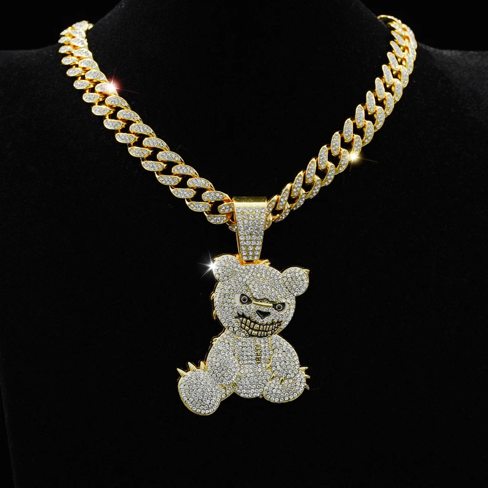 Hip Hop Aggressive Bear Pendants Necklaces with Miami Cuban Link Chain Brown Bear Mens Women Choker Collar Jewelry Accessories 251204