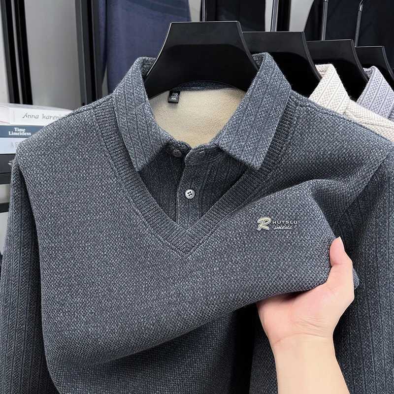 Winter Mens Vacation Two-piece Thick Woolen Sweater with A Warm Collar and Knitted Polo Base for Middle-aged and Elderly People W251208