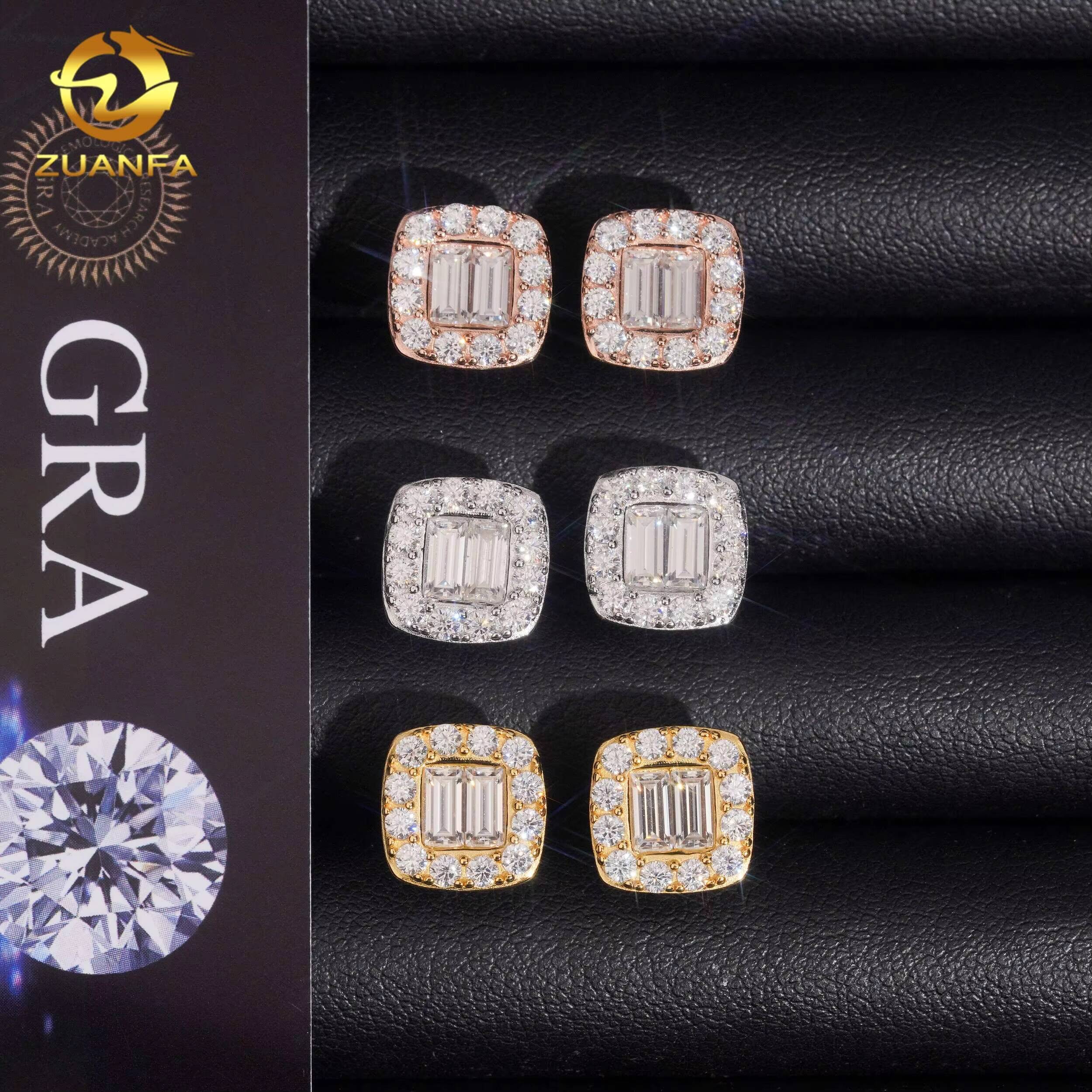 Pass Diamond Tester Hip Hop Jewelry GRA Certificate 925 Silver Colored Baguette Moissanite Cluster Screw Back Stud Earring